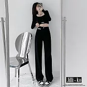 【Jilli~ko】高腰貼標設計復古直筒拖地牛仔褲 M-L J11035  M 黑色