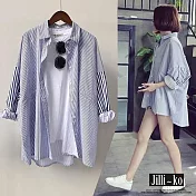 【Jilli~ko】條紋拼接連袖寬鬆開扣襯衫 J11085  FREE 藍色