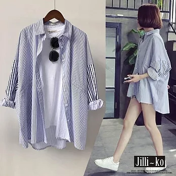 【Jilli~ko】條紋拼接連袖寬鬆開扣襯衫 J11085  FREE 藍色