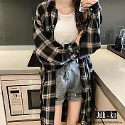 【Jilli~ko】慵懶風格子中長款休閒長袖襯衫 J11086 FREE 黑色