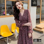 【Jilli~ko】V領復古碎花高腰長袖桔梗洋裝連衣裙 J11065  FREE 紫色