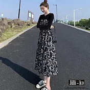 【Jilli~ko】赫本風拼接碎花長袖連衣裙 M-XL 6431-1  XL 黑色
