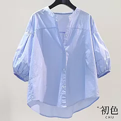 【初色】清涼感簡約立領燈籠袖七分袖輕薄涼爽襯衫上衣─共3色─30592(M─2XL可選) M 淺藍色