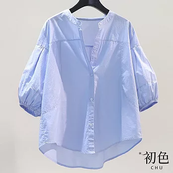 【初色】清涼感簡約立領燈籠袖七分袖輕薄涼爽襯衫上衣-共3色-30592(M-2XL可選) M 淺藍色