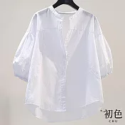 【初色】清涼感簡約立領燈籠袖七分袖輕薄涼爽襯衫上衣-共3色-30592(M-2XL可選) M 白色