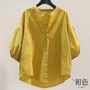 【初色】清涼感簡約立領燈籠袖七分袖輕薄涼爽襯衫上衣-共3色-30592(M-2XL可選) M 黃色