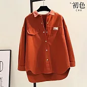 【初色】純色拼接長袖寬鬆顯瘦翻領襯衫外套-共4色-30595(M-2XL可選) M 紅色