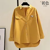 【初色】純色拼接長袖寬鬆顯瘦翻領襯衫外套-共4色-30595(M-2XL可選) XL 黃色