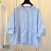 【初色】圓領七分落肩長袖不規則褶皺排扣寬鬆襯衫上衣-共3色-30597(M-2XL可選) XL 藍色
