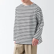 【MUJI 無印良品】男有機棉水洗粗織船領九分袖T恤 XXL 黑橫紋