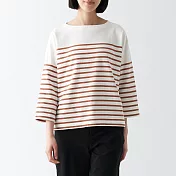 【MUJI 無印良品】女有機棉粗織船領七分袖T恤 S 棕橫紋