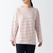 【MUJI 無印良品】女有機棉粗織天竺船領長袖T恤 S 粉紅橫紋