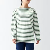 【MUJI 無印良品】女有機棉粗織天竺船領長袖T恤 S 淺綠橫紋