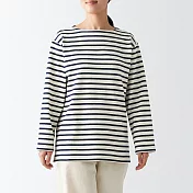 【MUJI 無印良品】女有機棉粗織天竺船領長袖T恤 S 深藍橫紋