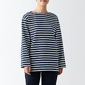 【MUJI 無印良品】女有機棉粗織天竺船領長袖T恤 S 深藍紋樣
