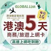 GLOBAL LINK 全球通 港澳5天上網卡 5日5GB 過量降速吃到飽 4G網速(港澳穩定電信商 即插即用)