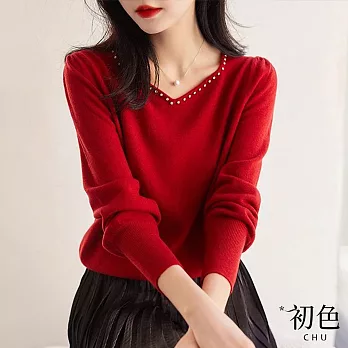 【初色】水鑽點綴方V領泡泡袖長袖針織衫上衣-共7色-30655(F可選) F 紅色