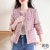 【初色】小香風寬鬆圓領單排釦長袖短款西裝外套-粉色-30901(M-2XL可選) XL 粉色