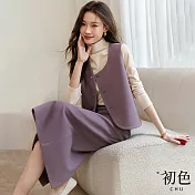 【初色】純色單排釦背心+高領長袖白色T恤+中長半身裙三件套裝-紫色-30956(M-2XL可選) M 紫色