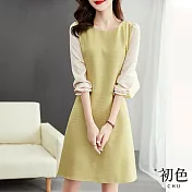 【初色】拼接長袖圓領鬆餅格紋連身洋裝A字連衣裙-黃綠色-30819(M-2XL可選) M 黃綠色