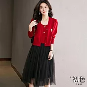 【初色】小香風素色格紋針織衫外套+無袖拼接中長裙連身裙洋裝套裝-共3色-30977(F可選) F 紅色