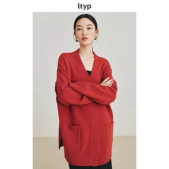 ltyp旅途原品 100%美麗諾羊毛百搭休閒中長款V領針織開衫外套 M L-XL  L-XL 番茄紅