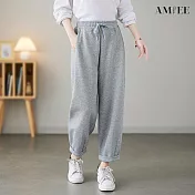 【AMIEE】休閒鬆緊腰抽繩卷邊哈倫褲(3色/M-2XL/KDPQ-9023) XL 灰色