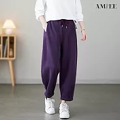 【AMIEE】休閒鬆緊腰抽繩卷邊哈倫褲(3色/M-2XL/KDPQ-9023) M 紫色