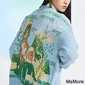 【MsMore】 緹花珠片V領羊毛感針織短版藍色畫風印花外套# 119452 FREE 藍色