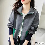【MsMore】 拼接外套撞色立領夾克休閒長袖設計感短版帥氣# 119579 M 深灰色