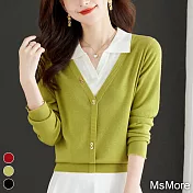 【MsMore】 Polo領假兩件針織衫長袖氣質短版上衣# 119633 FREE 綠色