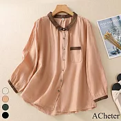 【ACheter】 棉麻感襯衫文藝復古寬鬆顯瘦上衣撞色領百搭短版上衣# 119683 XL 粉紅色