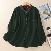 【ACheter】 棉麻感襯衫文藝復古寬鬆顯瘦上衣撞色領百搭短版上衣# 119683 M 墨綠色