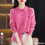 【MsMore】 韓版時尚polo領羊絨感寬鬆休閒針織短版純色外套# 118919 FREE 粉紅色