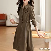 【MsMore】 工裝風加厚長袖收腰時髦休閒顯瘦連身裙中長版洋裝# 119728 XL 咖色
