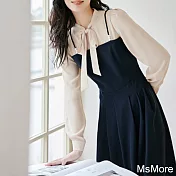 【MsMore】 法式茶歇連身裙氣質長袖減齡拼接中長版洋裝# 119730 M 藏青色