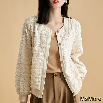 【MsMore】 時尚輕量感長袖簡約廓形褶皺肌理優雅氣場圓領顯瘦休閒短版外套# 119734 M 白色
