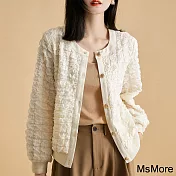【MsMore】 時尚輕量感長袖簡約廓形褶皺肌理優雅氣場圓領顯瘦休閒短版外套# 119734 XL 白色