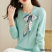 【MsMore】 針織衫長袖氣毛衣寬鬆女人味領結短版藍色上衣# 119752 FREE 藍色