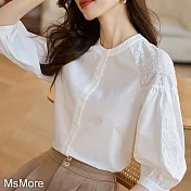 【MsMore】 白色天絲棉襯衫獨特別致繡花七分袖圓領短版上衣# 119754 M 白色