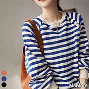 【MsMore】 時髦長袖撞色條紋寬鬆圓領短版上衣# 119758 M 藍色