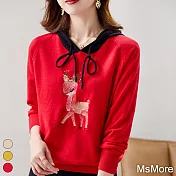 【MsMore】 刺繡花鹿撞色連帽寬鬆休閒長袖針織衫短版上衣# 119795 FREE 紅色