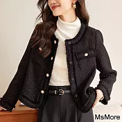 【MsMore】 復古圓領黑色貴族氣質小香風外套復古長袖氣質短版# 119831 L 黑色