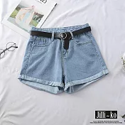 【Jilli~ko】百搭款寬鬆高腰A字捲邊牛仔熱短褲 M-XL J11036 M 淺藍
