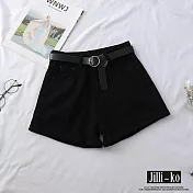 【Jilli~ko】百搭款寬鬆高腰A字捲邊牛仔熱短褲 M-XL J11036 L 黑色