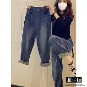 【Jilli~ko】後鬆緊高腰寬鬆哈倫直筒牛仔褲 M-XL J11020  M 藍色