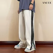 【AMIEE】街頭條紋拉鍊開衩寬褲(男裝/KDPQ-B428) 2XL 白色