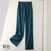 【初色】純色簡約顯瘦百搭透氣棉麻風直筒闊腿寬褲長褲-共12色-30181(M-2XL可選) L 藍綠色