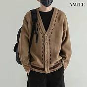 【AMIEE】文青V領虛線排扣針織衫(男裝/KDCQ-B108) L 深卡其