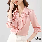 【初色】V領荷葉邊素色單排扣長袖雪紡衫上衣-共2色-31002(M-2XL可選) XL 粉色